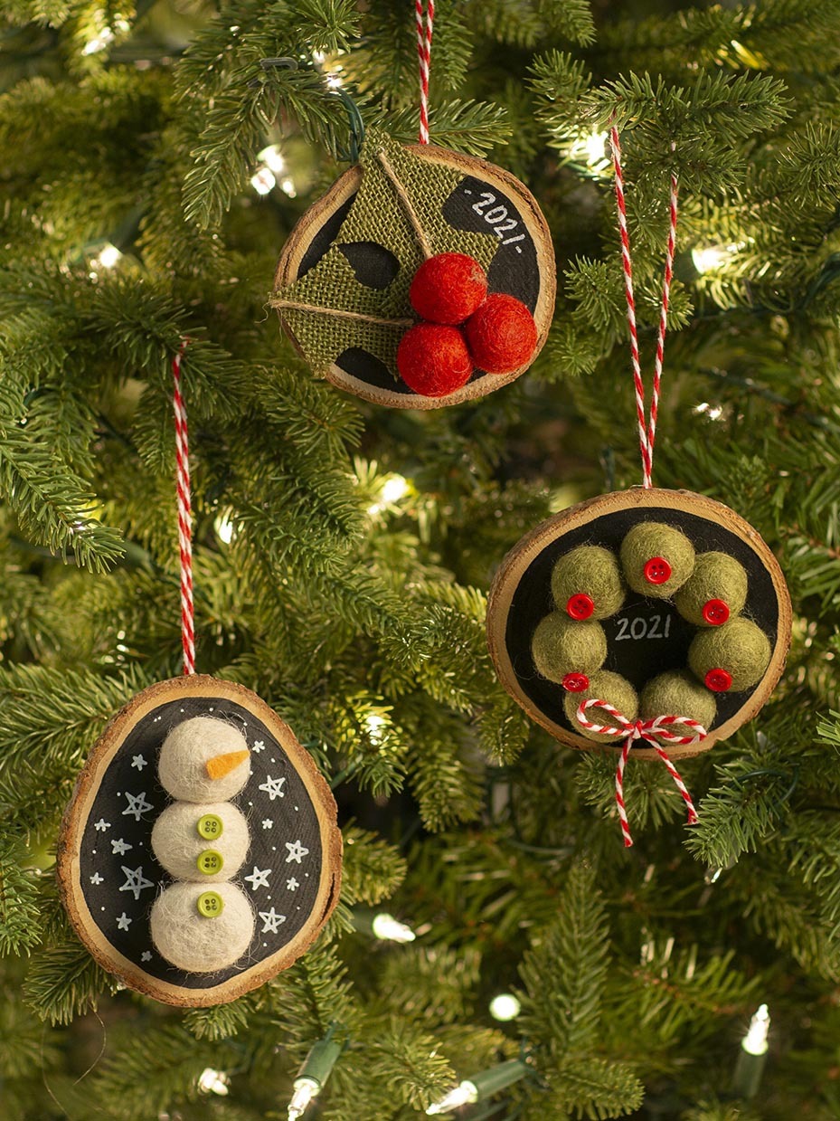 DIY Wool Felt Pom Wood Slice Ornaments