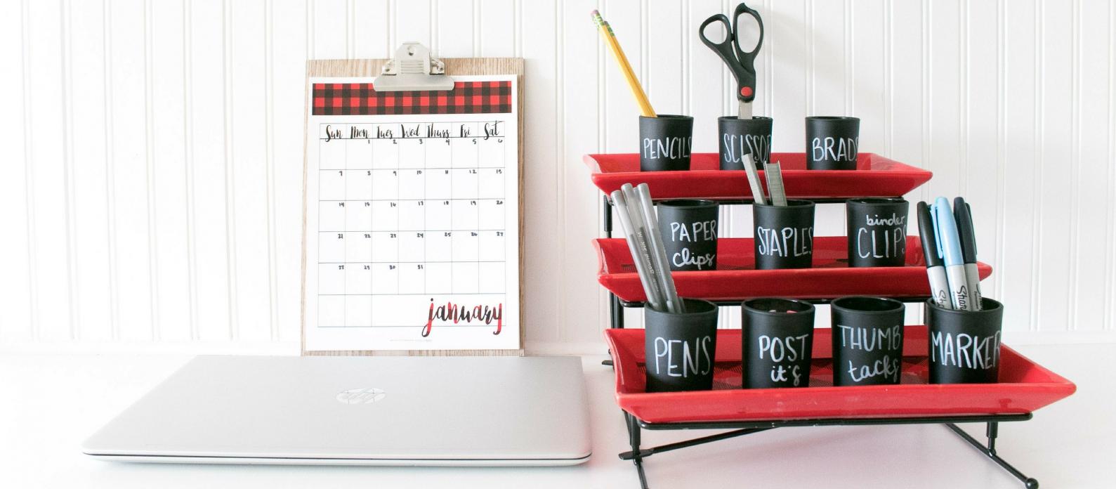 Buffalo Plaid Office Organizing with Printable Calendar