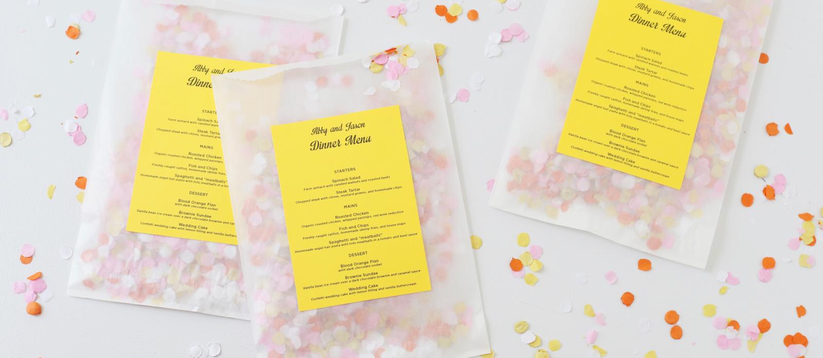 DIY Colorful Confetti Wedding Menus